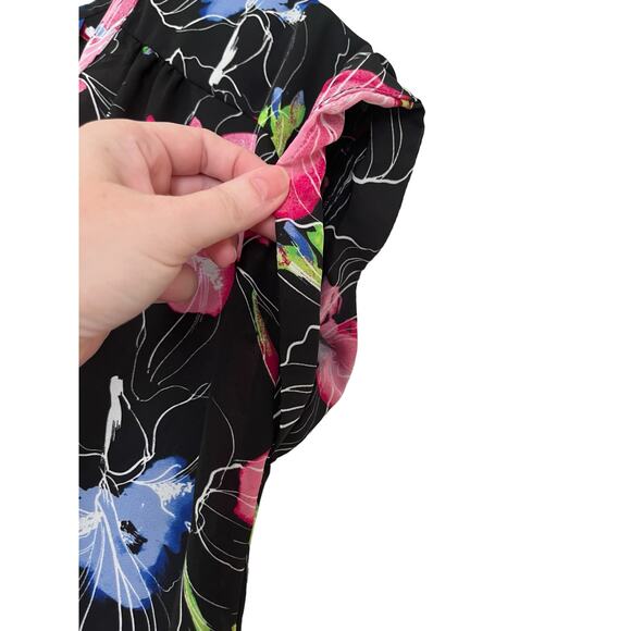 Apt 9 Womens Black Multicolor Floral Short Sleeve Blouse Size Medium Petite - Picture 2 of 5